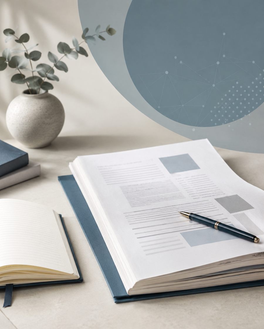 Organized documents and notes on a desk, suggesting professional documentation
