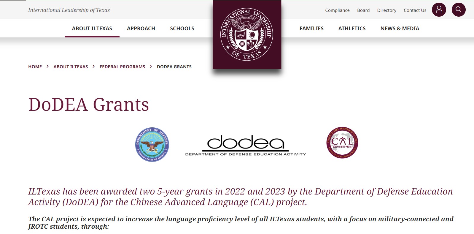 Screenshot of the DoDEA grants web page